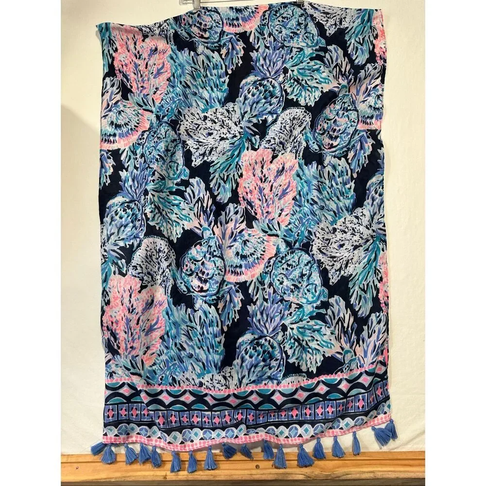 Lilly Pulitzer Coral Reef Print Tassel Sarong Beach Cover Up Wrap Scarf